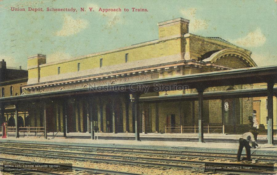 Postcard: Union Depot, Schenectady, New York.  Approach to Trains.